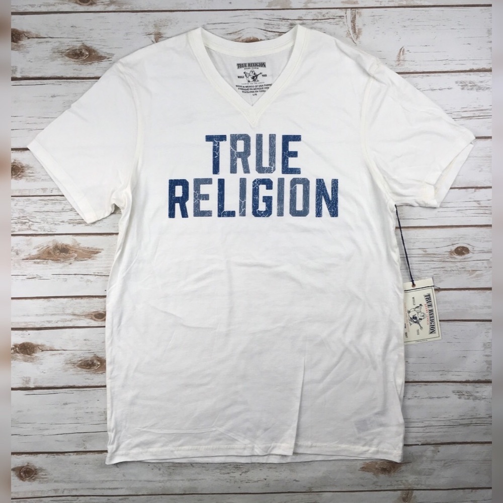 NWT True Religion White Graphic V Neck Tee FIRM!